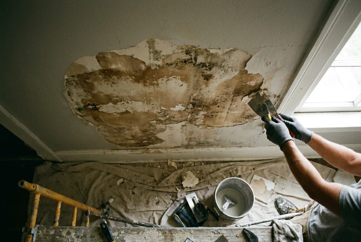 Auréole d'humidité au plafond d'un appartement de Gentilly après un dégât des eaux venu de l'étage